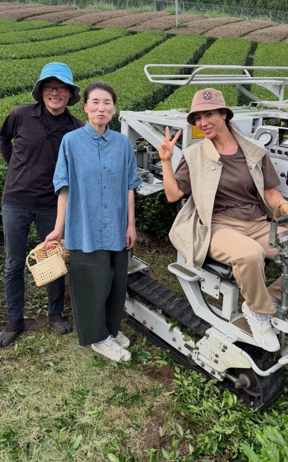 Selin Uncuoglu with two tea growers in the tea fields of Uji, Japan